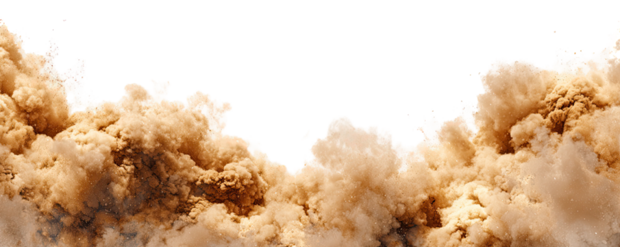 A large, tan cloud of dust or debris explodes outward against a transparent background