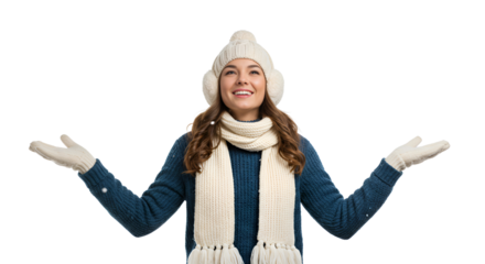 Joyful Young Woman in Winter Apparel with Open Arms