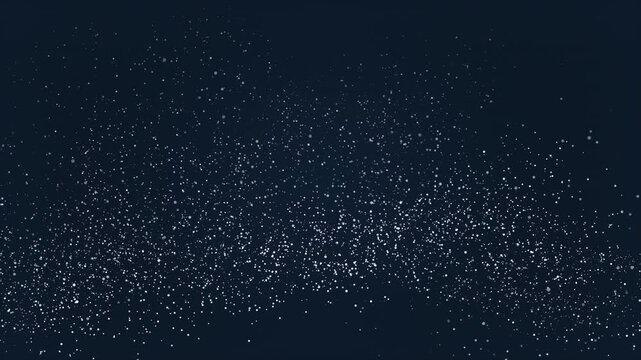 Bright white dots with fluid effect are flying in the air on dark blue background. Abstract glitter, sparkle particles with bokeh and wave simulation. Loop animation.