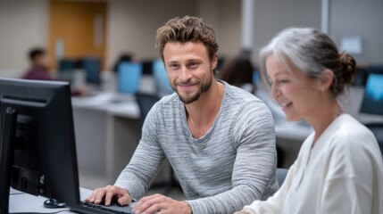 Two adults, likely students, interacting at a computer in a computer lab