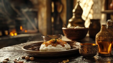 Authentic Middle Eastern Cuisine Presentation in a Rustic Setting, Rich Details