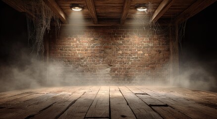Atmospheric rustic interior with wooden floor brick wall and dramatic spotlights.