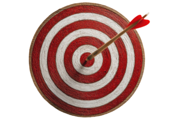 Target with arrow in the bullseye.  Red and white concentric circles