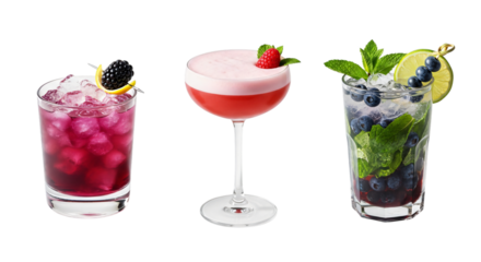 Three colorful cocktails isolated on transparent background, refreshing drinks