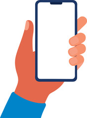 Hand holding mobile phone illustration, flat style smartphone in human hand isolated on white background, modern digital device concept for app, web, technology, and communication design projects