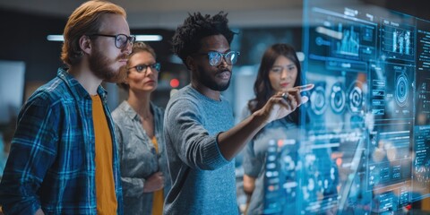 Diverse team interacting with a large interactive display screen