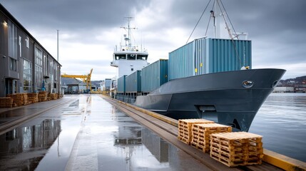 Cargo ship docked at a harbor on a cloudy day.  Paved dock with puddles reflecting the ship and overcast sky