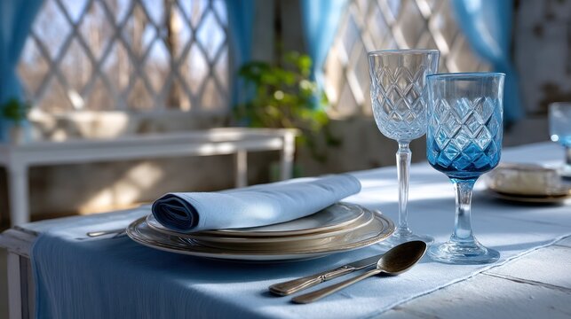 Blue tableware on a light wood table, with windows in the background