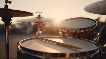 Fototapeta premium Outdoor concert steel drum music against golden sunset background. Drum set with drumsticks with a cymbal. Drum kit on the stage, Drum and drumsticks