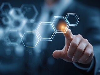 Futuristic digital network interface interaction with glowing hexagons.