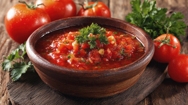 Fresh homemade tomato salsa in rustic bowl with herbs and vegetables on wooden table, showcasing vibrant colors and natural ingredients in close-up view.