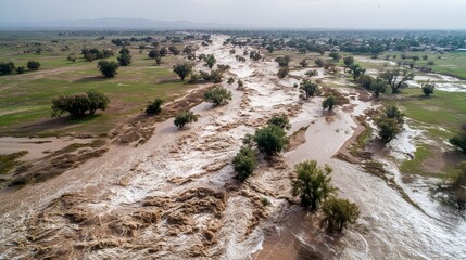 Aerial View of a Flash Flood Over a Rural Landscape