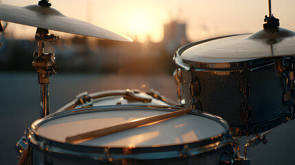 Fototapeta premium Outdoor concert steel drum music against golden sunset background. Drum set with drumsticks with a cymbal. Drum kit on the stage, Drum and drumsticks
