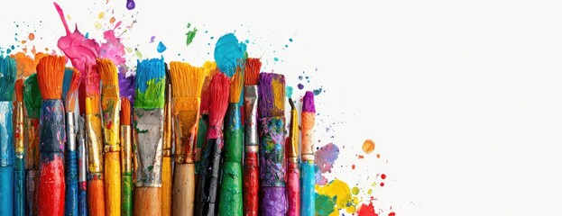 Vibrant collection of artist paintbrushes with colorful paint splatters.