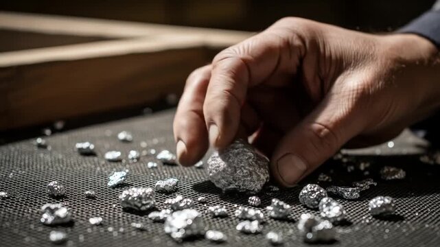 Hand picking up a piece of raw silver ore from a pile of freshly mined metal.