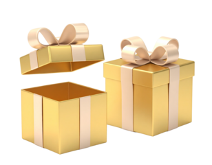 Three golden gift boxes with bows, one partially open, showcasing a shiny surface and luxurious appearance.