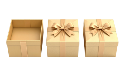 Three gift boxes in varying states: one empty, one partially opened, and one beautifully wrapped with a bow.