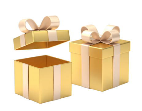 Three golden gift boxes with bows, one partially open, showcasing a shiny surface and luxurious appearance.