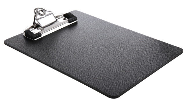 Black clipboard, papers, studio, isolated, office supply