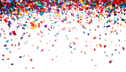 Fototapeta premium A colorful array of confetti pieces falls against a dark background, creating a festive and vibrant atmosphere.