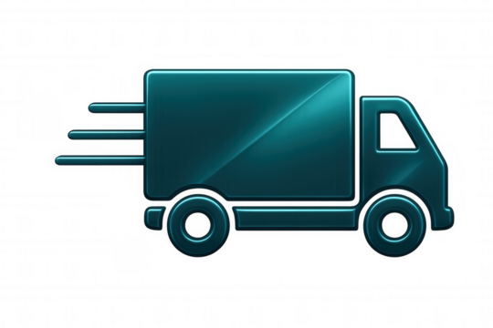 Metallic teal delivery truck icon speeding on a transparent background, symbolizing fast and efficient shipping and logistics