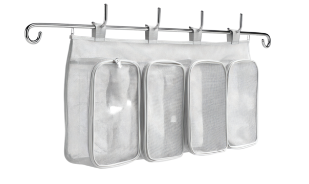 Wall-mounted,  light gray,  storage organizer with three compartments