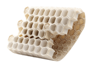 A section of a complex, intricate honeycomb-like structure, light beige in color, with irregular edges and visible internal detail.