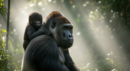 Mother gorilla carrying baby on back in lush forest with sun rays