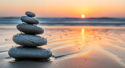 Stacked wet beach stones balanced on sand at sunset ocean