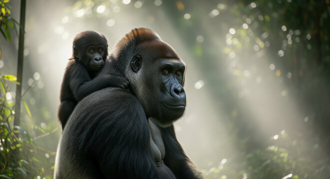 Mother gorilla carrying baby on back in lush forest with sun rays - Powered by Adobe