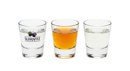 Three shots of slivovitz isolated on transparent background, different colors