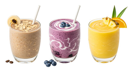 Three fruit smoothies isolated on transparent background, different flavors