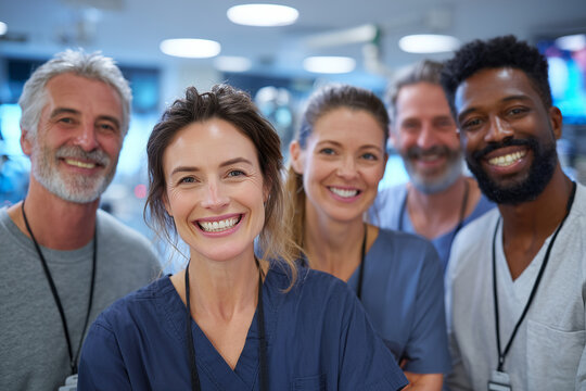 Smiling diverse medical team in scrubs looking at camera in a bright hospital setting — confident healthcare professionals delivering compassionate care