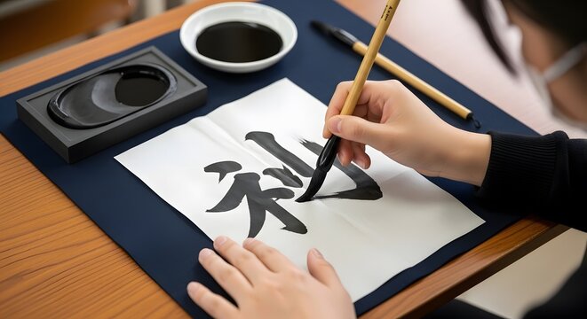 Person practicing elegant East Asian calligraphy, using brush and ink on rice paper.