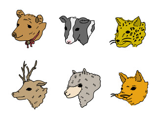 デフォルメされた野生動物たちの手描きイラスト・熊・鹿・牛・ヒョウ・羊・狐