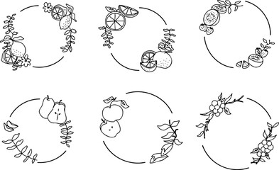 果物のお洒落でシンプルな線画の丸いフレーム・手描きイラスト・レモン・りんご