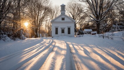 A snowy winter sunrise illuminates a quaint white church nestled in a rural landscape.