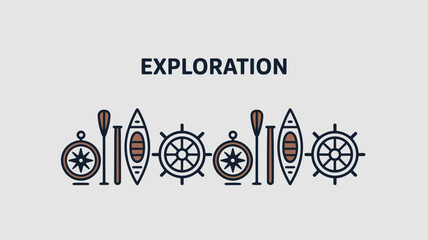 Obraz premium Illustration featuring exploration themed icons including compass boat wheel and paddle on a light background