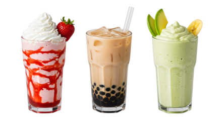 Three refreshing fruit smoothies isolated on transparent background
