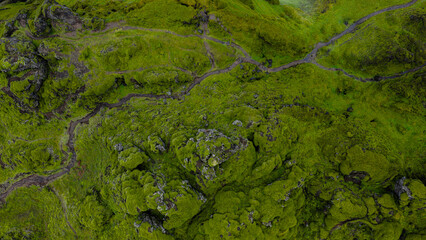 Aerial View of Moss Covered Volcanic Landscape in Iceland