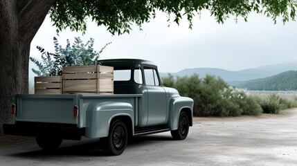 Vintage pickup truck with wooden crates under a tree