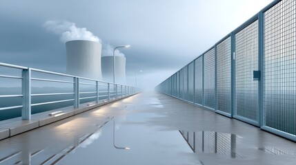 Fototapeta premium Industrial walkway at a power plant on a misty day, reflecting in puddles