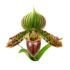 Close-up of a vibrant Paphiopedilum orchid.  The flower is a striking mix of green, brown, and beige tones, with intricate patterns