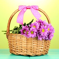 A wicker basket filled with purple flowers, adorned with a pink polka-dot ribbon bow, sits on a teal surface against a lime-green backdrop