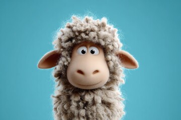 A lovely sheep, with a smiling face, adorable eyes, and fluffy fur, set against a solid color background, showcasing the sheep's charming and cute appearance.