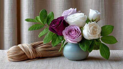 Still life of roses in a vase, beside a spool of yarn