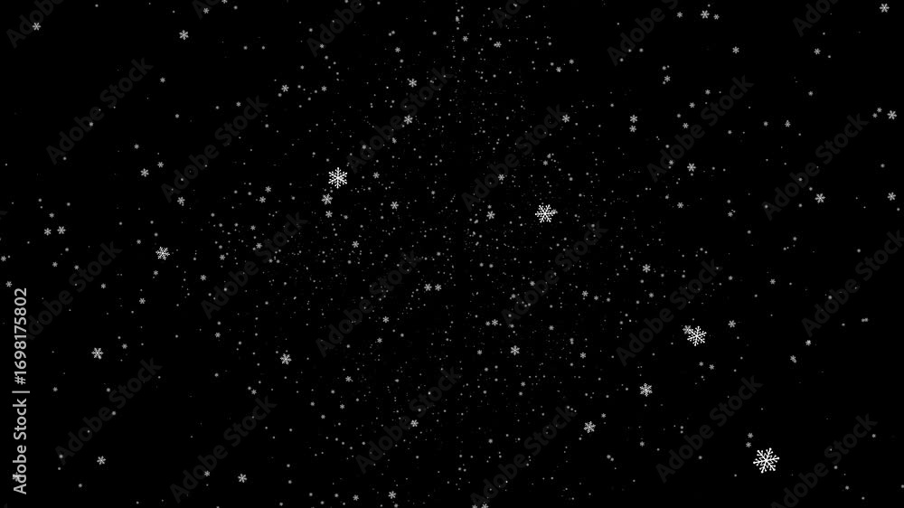 Poster beautiful loop falling moving white snowflakes particles animaiton on black abstract background.