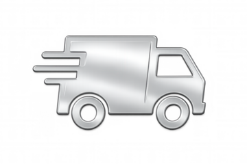 Shiny metallic delivery truck icon speeding on a transparent background, perfect for representing fast shipping and logistics