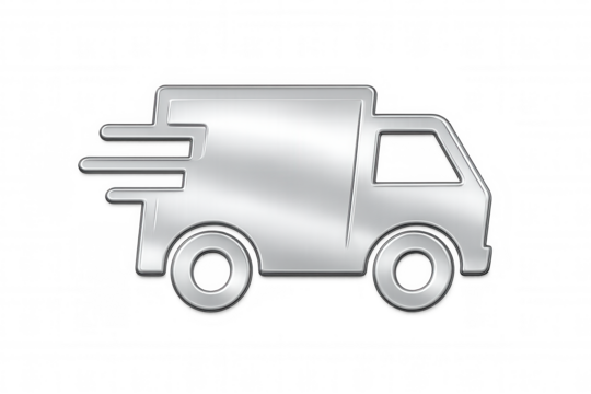 Shiny metallic delivery truck icon speeding on a transparent background, perfect for representing fast shipping and logistics