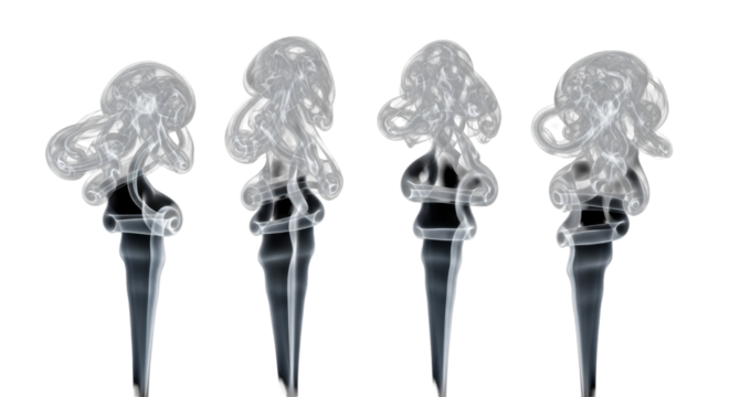 White smoke plumes with intricate swirling patterns, varying density, graceful fluid edges, rising on deep black, dramatic backlighting, abstract macro fluid motion and ephemeral beauty concept.